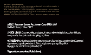 AGE20'S Essence Pact Intense Cover SPF50 21W: tekst instrukcji PL/ENG i ostrzeżeń na czarnym tle.