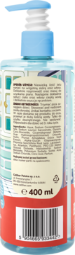 Tył butelki truskawkowego żelu i szamponu 2w1 dla dzieci 400 ml, z niebieską pompką, etykietą i kodem.