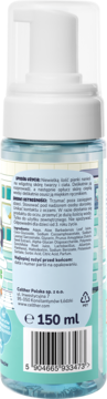 Tył butelki pianki do mycia twarzy i ciała Cellufar 150 ml, aloes, prebiotyk, widoczny kod kreskowy.