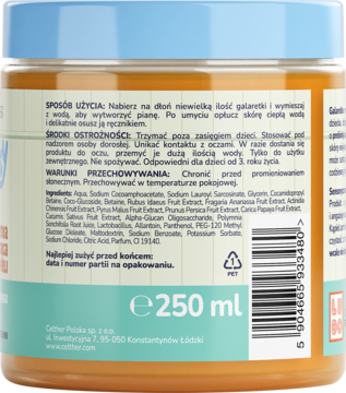 Tył pomarańczowego opakowania galaretki myjącej dla dzieci 250ml. Widoczne instrukcje, składniki, kod EAN.