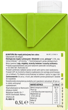 Alnatura Bio napój pistacjowy bez cukru, tył zielonego kartonu z etykietą, składem i wartościami odżywczymi 0,5L.