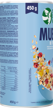 Musli Sylwetkowe BE FIT 450g w jasnoniebieskiej puszce. Widok z przodu z ilustracją płatków, owoców i orzechów.