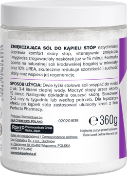Tył białego opakowania zmiękczającej soli do kąpieli stóp Perfecta Pharmacy z 10% UREA, instrukcją użycia i wagą 360g.