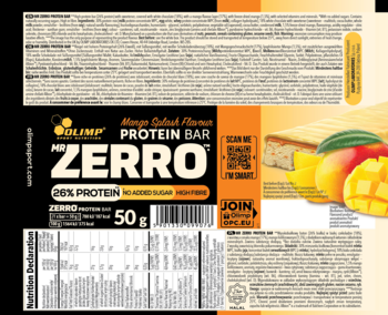 Opakowanie batona Mr Zerro Protein Bar Mango Splash Flavour, czarno-żółte, z widocznym składem i grafiką mango.
