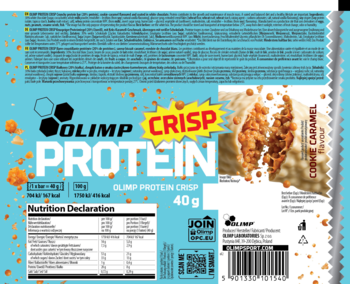 Tył opakowania batona Olimp Protein Crisp Cookie Caramel, z tabelą wartości odżywczych i otwartym batonem.