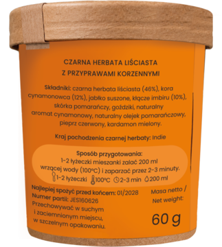 Tylna strona pomarańczowego pojemnika czarnej herbaty liściastej z przyprawami. Widoczna etykieta 60g.