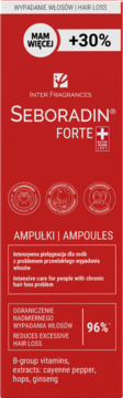 Czerwone opakowanie Seboradin Forte Ampułki, front z napisem REDUCES EXCESSIVE HAIR LOSS 96%.