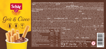 Tył opakowania Schär Gris & Ciocc: bezglutenowe paluszki chlebowe z kremem kakaowym w kubku, szczegóły produktu.