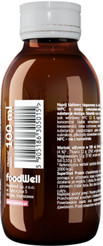 Tył brązowej butelki Purella SuperShot Protein 100ml z białą nakrętką, kodem kreskowym i polską etykietą ze składem.