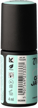 Tył czarnej butelki lakieru hybrydowego Japan Cat Eye 3in1 Sapporo, z miętowo-błękitną etykietą 4ml i ikonami.