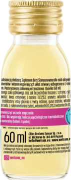 Suplement diety 60ml, napój cytrynowy w szklanej butelce. Tył etykiety: tekst o redukcji zmęczenia i witaminach B5/B6.