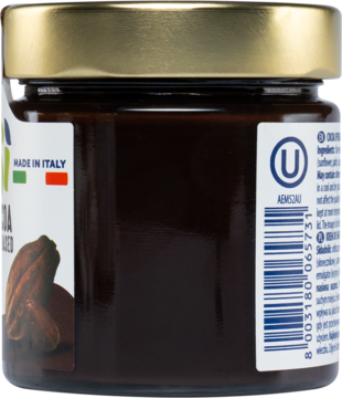Słoik OraSi Crema Spalmabile Fondente, z boku widoczne 'MADE IN ITALY', z tyłu kod kreskowy.