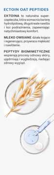 ECTOIN OAT PEPTIDES: opis składników i wizualizacja owsa oraz serum w naczyniach laboratoryjnych.