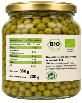 Groszek zielony konserwowy BIO w szklanym słoju 350g, ze złotą nakrętką i etykietą z wartościami odżywczymi.