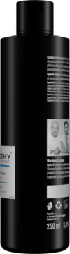 Tył czarnej butelki szamponu laminującego ACADEMY 250ml, z etykietami i zdjęciami.