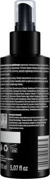 Tył czarnej butelki regenerującej odżywki bez spłukiwania, z polskimi opisami, kodem kreskowym.