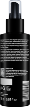 Czarny spray laminujący do włosów 150 ml, tył butelki z atomizerem. Widoczne białe napisy ze składem, kod kreskowy.