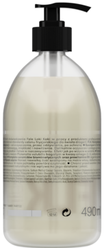 Tył przezroczystej butelki z szamponem Fale Loki Koki 490ml, z czarną pompką, widoczne etykiety i symbole.