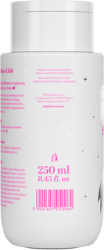 Tył białej butelki nawilżającego szamponu so!flow x Besties Club, różowe napisy, kod kreskowy i 250 ml.