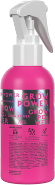 Różowy spray GROW POWER, odżywka bez spłukiwania na porost i wzmocnienie włosów, widok z tyłu z etykietą składników.