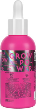 Tył różowego serum GROW POWER do włosów z białą pipetą, widoczna holograficzna etykieta i lista składników.