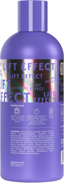 Tył fioletowej butelki szamponu LIFT EFFECT, widoczne szczegóły użycia i lista składników.