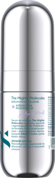 Tył srebrnej butelki serum do włosów The Mighty Molecules z białą etykietą i tekstem o intensywnej regeneracji.