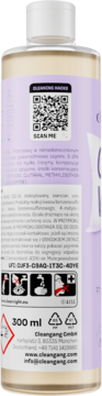 Tył butelki płynu do czyszczenia Cleangang 300ml. Beżowy płyn, fioletowa etykieta z QR kodem, tekstem i ikonami bezpieczeństwa.