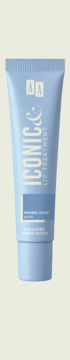 Błękitna tubka AA ICONIC LIP TREATMENT NATURAL GLOW, balsam z kolagenem, widok z przodu.
