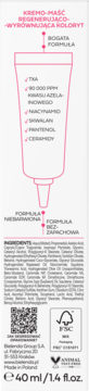 Tył tubki kremo-maści Bielenda 40ml, regenerującej koloryt, z listą składników i certyfikatami.