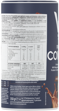 Tył ciemnoniebieskiej puszki koktajlu białkowego Rossmann 350g z etykietą, widoczne dane odżywcze.