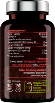 Tył ciemnej butelki ESSENSEY BERBERYNA HCL. Etykieta ze składem (berberyna, piperyna), ISO, oraz wpływem na glukozę.