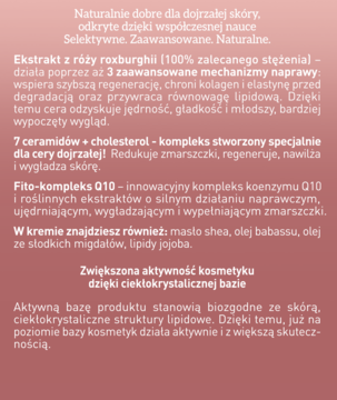 Blok tekstu o kremie UZDROVISCO RÓŻA 70+ na zmarszczki, składniki: ceramidy, róża, Q10, na różowym tle.