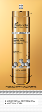 Złoty krem Bielenda Supremelab Honey Glow Barrier Royal, odżywczy dla skóry suchej, z wysuniętą pompką.