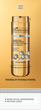 Złota butelka serum Bielenda Supremelab Honey Jelly Peptide, nawilżające, z pompką, widok z przodu.