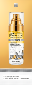 Bielenda Supremelab Royal Barrier Honey Milk Double Essence w złotej butelce z pompką, dla skóry suchej i odwodnionej.