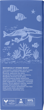 Tył niebieskiego opakowania Waterfully Hydro Boost, ultranawilżającego serum-koncentratu z PDRN, z motywem morskim.