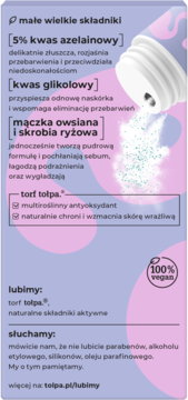 Tył opakowania Tolpa, dermokosmetyk z kwasem azelainowym i glikolowym, na fioletowo-różowym tle, z listą składników.