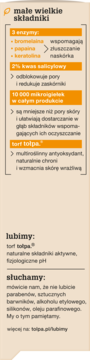 Jasny panel informacyjny o dermokosmetyku Tolpa: 2% kwas salicylowy, enzymy, mikroigiełki, bez parabenów.
