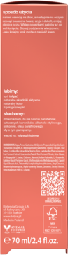 Tył koralowego opakowania esencji Bielenda z instrukcją użycia, listą składników, kodem QR i logo FSC.