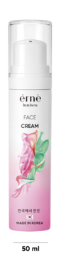 Biała butelka kremu do twarzy ÉRNÉ z pompką, 50ml, widok z przodu. Etykieta z różowo-zielonym wzorem, napisy: FACE CREAM, MADE IN KOREA.