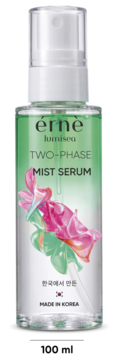 Erne Lumisea Two-Phase Mist Serum w przezroczystej butelce z zielono-różowym płynem, widok z przodu, 100 ml.