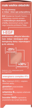 Boczny panel serum Tolpa, różowy, z opisem działania: redukcja zmarszczek, wzrost elastyczności. Kluczowe składniki: t-EGF, Q10, NAD+.