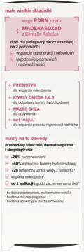 Tył opakowania dermokosmetyku dla skóry wrażliwej, z listą składników i dowodami klinicznymi, biało-różowe.
