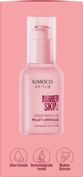 Różowa butelka KIMOCO Barrier Skin Deep Rescue Milky Ampoule z pompką, ceramidami i ektoiną. Widok z przodu.
