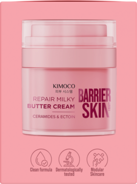 Różowy krem Kimoco Barrier Skin z ceramidami i ektoiną. Widok z przodu słoiczka na różowym tle.