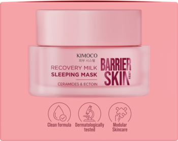 Różowa maska na noc KIMOCO Recovery Milk Sleeping Mask w słoiczku, z napisem Barrier Skin, widok z przodu.