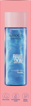 Toner Kimoco Future Skin Youth Revive z NAD+ i argininą w niebieskiej butelce z różową nakrętką, z przodu.