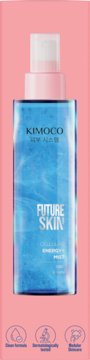 KIMOCO FUTURE SKIN Cellular Energy Mist, mgiełka do twarzy z NAD+ i skwalanem. Niebieska butelka, różowy atomizer, widok z przodu.