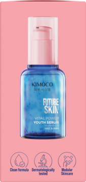 Kimoco Future Skin Vital Power Youth Serum w niebieskiej butelce z różową pompką, widok frontalny.